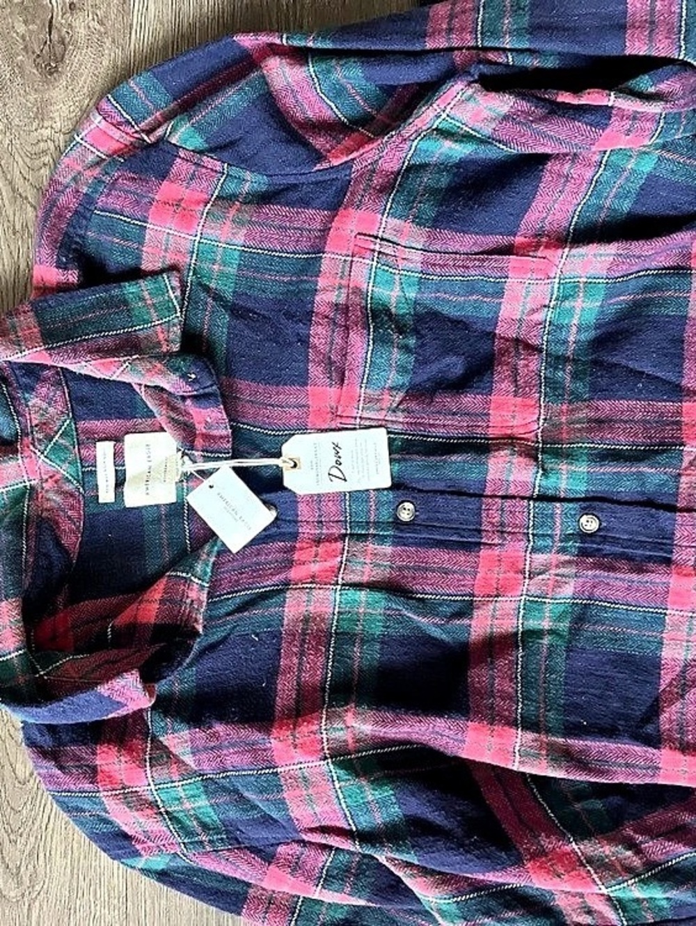 American Eagle Plaid Cotton Button Down Blue & Red XL NWT